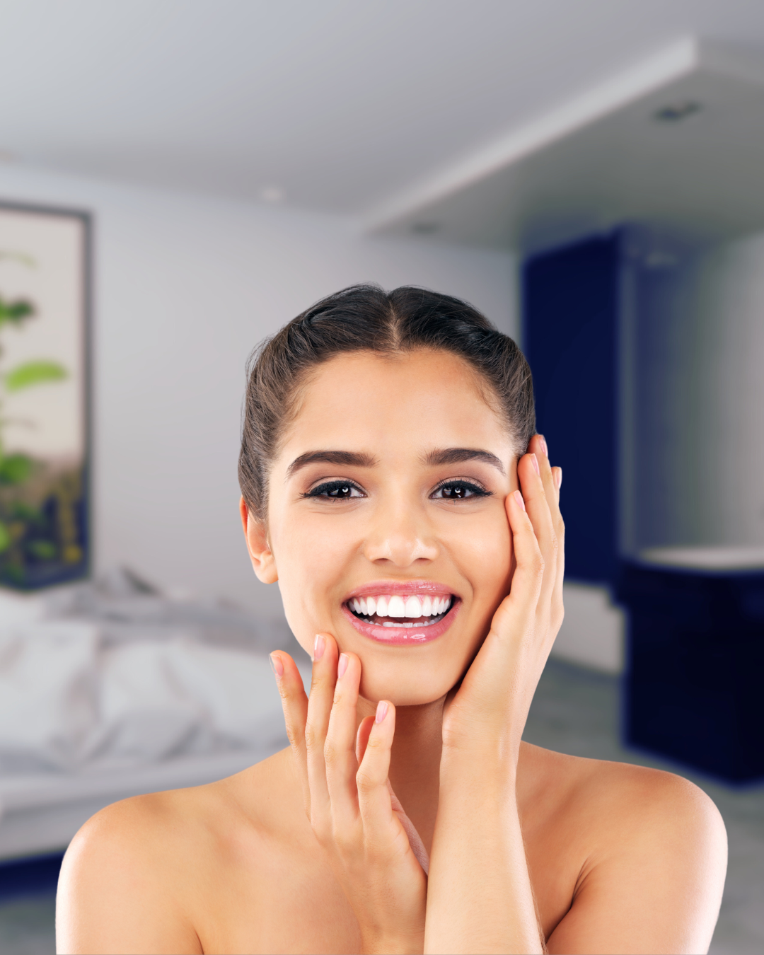 A close-up of a woman enjoying her smooth, healthy skin after using Bee Propolis peptide Serum from InnoScent Organics. Her radiant complexion reflects the nourishing effects of the serum, highlighting a glowing, refreshed appearance.