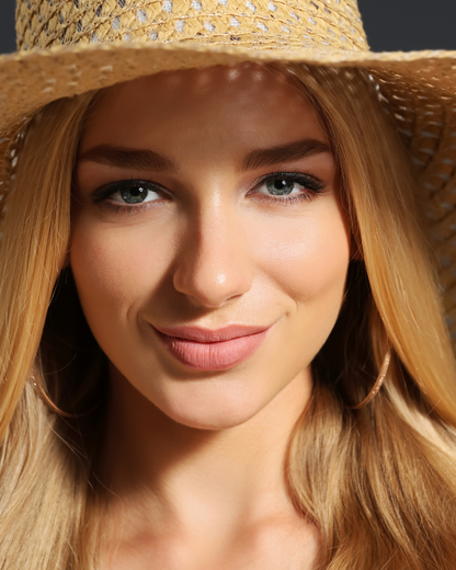 A blonde woman wearing a beach hat, showcasing Naked Peach shade lipstick on her lips. The soft, neutral tone complements her relaxed, sun-kissed look, adding a touch of effortless elegance and natural beauty.