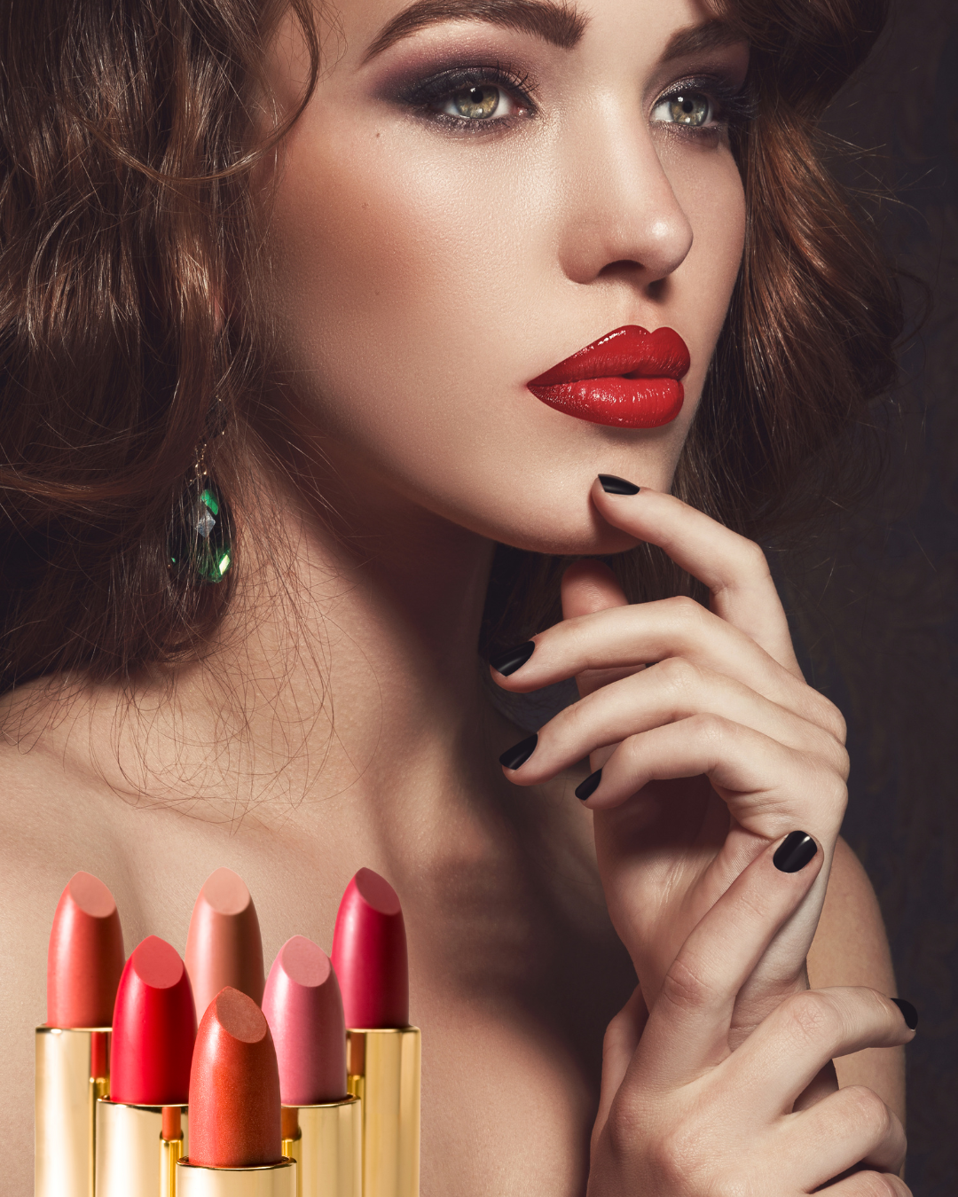 A selection of vibrant lipstick shades in refillable bamboo tubes displayed in front of a woman wearing a mix of two lipstick colors. The image showcases the versatility of the shades while highlighting the eco-friendly packaging and the stylish, personalized look.