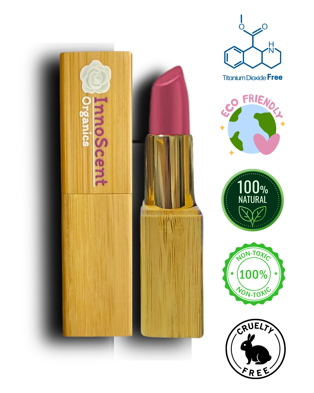 Luxurious refillable lipstick displayed in eco-friendly bamboo packaging, featuring a green eco-friendly icon and a 'No Titanium Dioxide' symbol for a safe, sustainable beauty choice