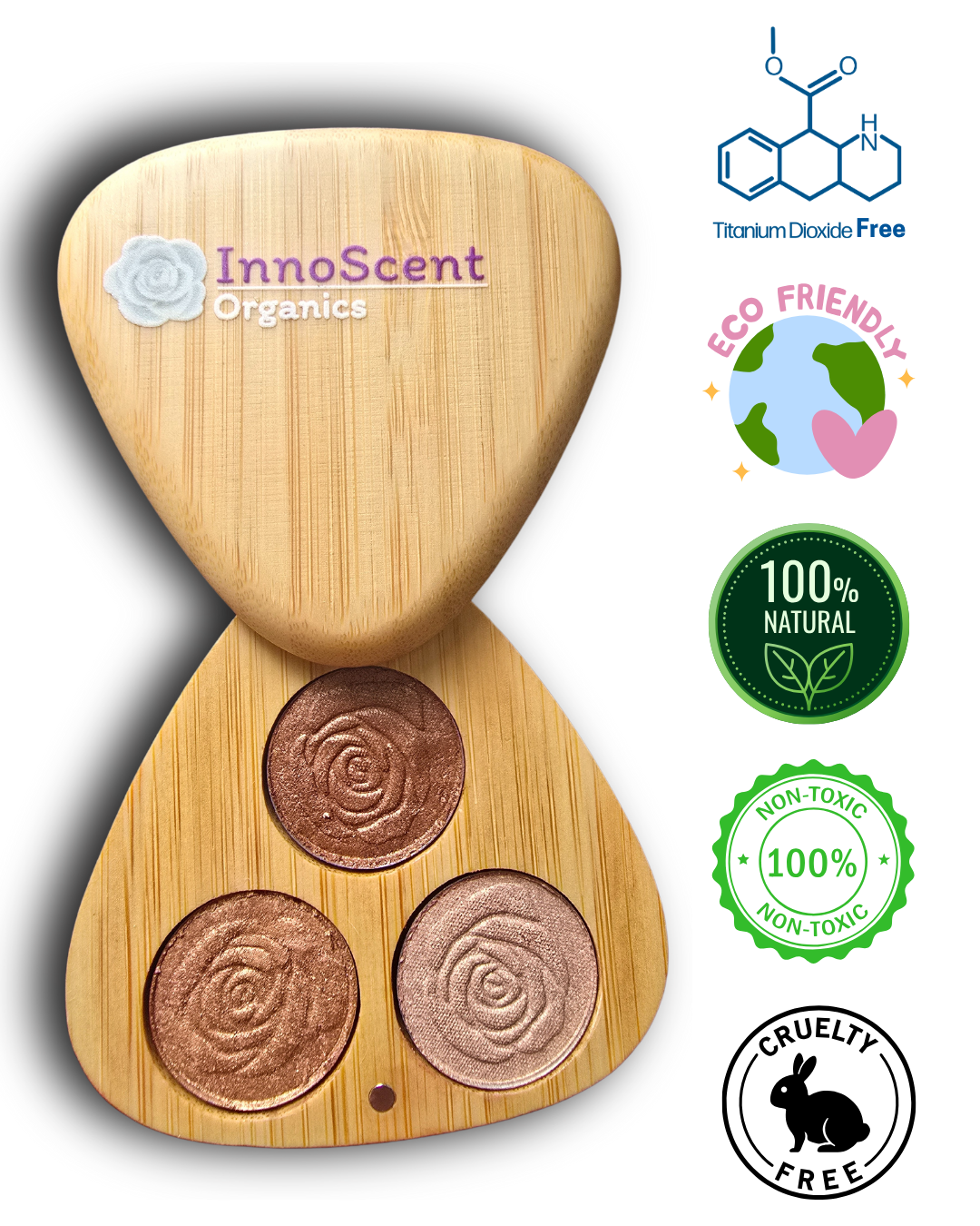 An eco-friendly, refillable eyeshadow palette featuring a 100% natural Champagne Glow shade. The sustainable packaging complements the soft, radiant hue, offering an organic and environmentally conscious beauty choice.