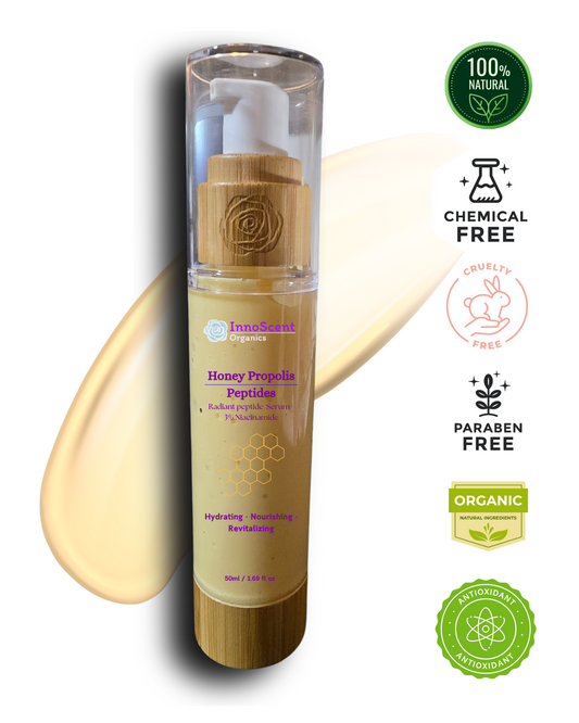 Bottle of Honey Propolis Peptides Serum, emphasizing its natural ingredients and skincare benefits, with a golden honey-like hue representing the nourishing and hydrating properties.