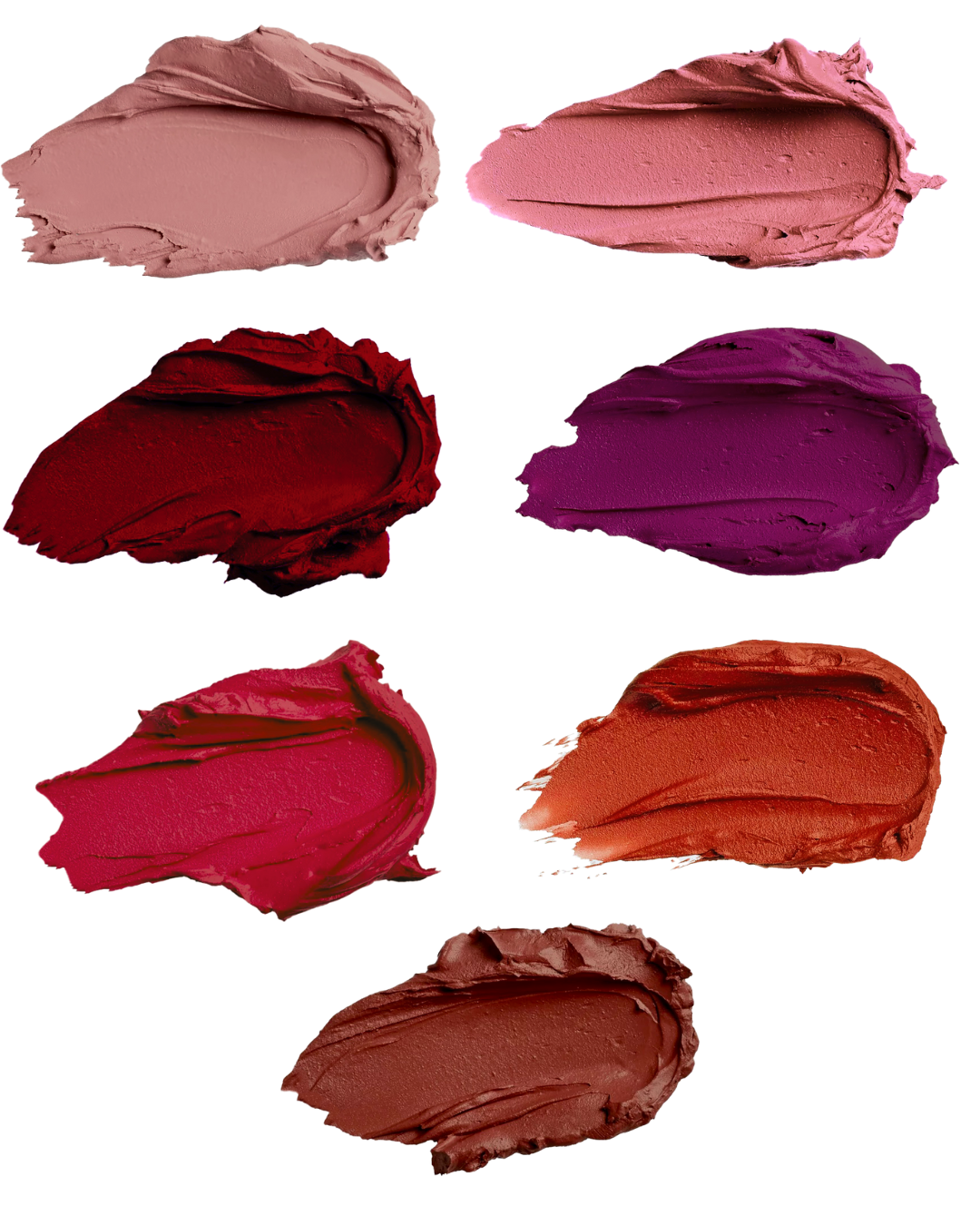 A showcase of various lipstick shades, each color smudged to reveal its rich texture. From soft nudes to bold reds, the smooth swirls highlight the unique formulations and vibrant hues of each shade, providing a close-up look at their creamy consistency and rich pigments.