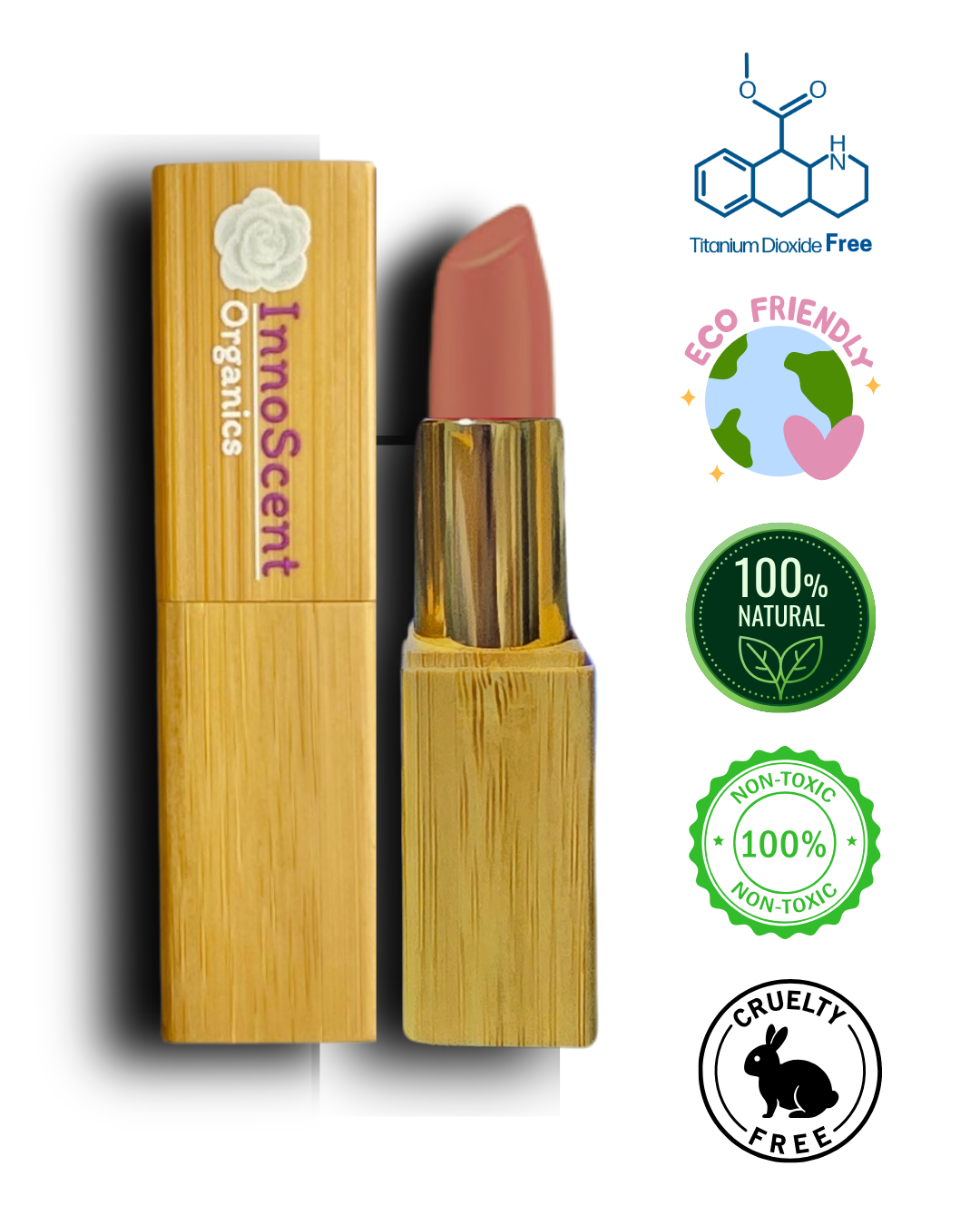 Naked Peach lipstick in eco-friendly refillable bamboo packaging, accompanied by icons for eco-consciousness, No Titanium Dioxide and 100% Pure natural to emphasize safe and sustainable beauty.